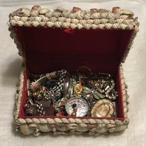 Vintage seashell jewelry box filled w/ lots of old jewelry - shell jewelry box